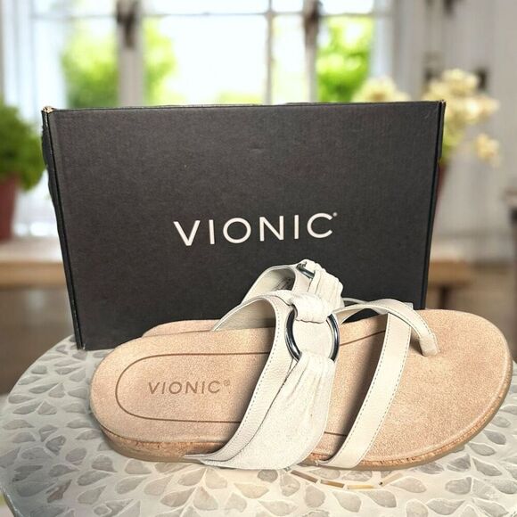 Vionic Landyn Leather Supportive Slide Sandals Cork Orthotic Comfort Women 8 NIB - Picture 3 of 14